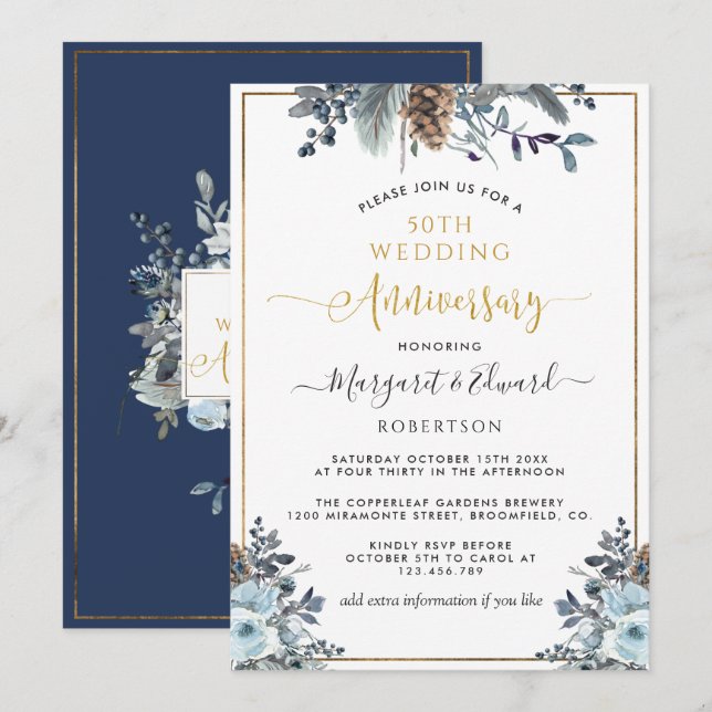 50. Hochzeitstag, Gold, Navy Blue Floral Einladung (Vorne/Hinten)