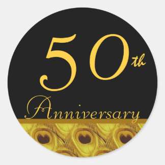 50. Hochzeitstag Gold Peacock Feathers Runder Aufkleber