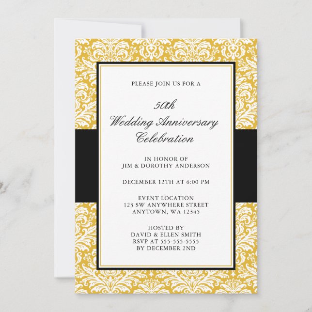 50. Hochzeitstag Gold und schwarze Damaskus Einladung (Vorderseite)