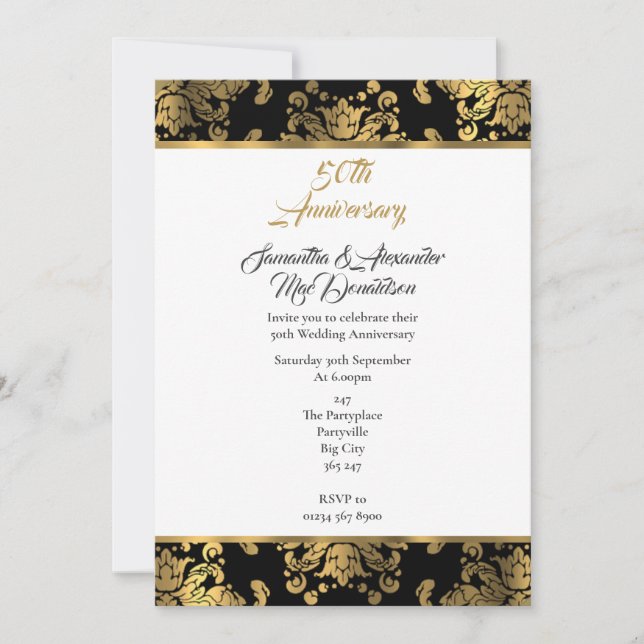 50. Hochzeitstag, Gold und schwarzer Damast Einladung (Vorderseite)