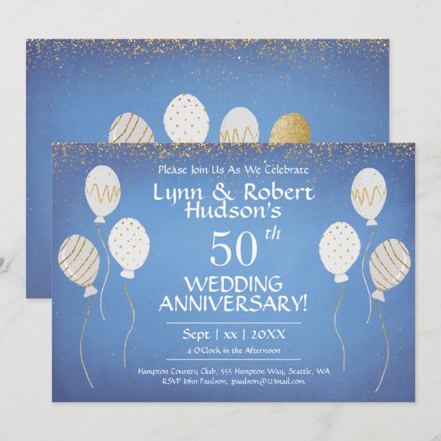 50. Hochzeitstag, Gold und Weißballons Einladung (Vorne/Hinten)