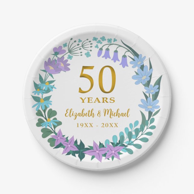 50. Hochzeitstag Golden Bloral Bluebells Pappteller (Vorderseite)