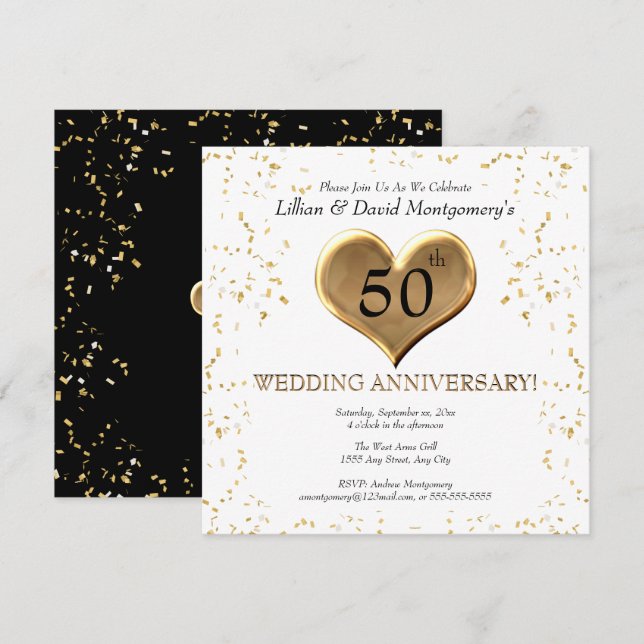 50. Hochzeitstag, Golden, Paarnamen Einladung (Vorne/Hinten)