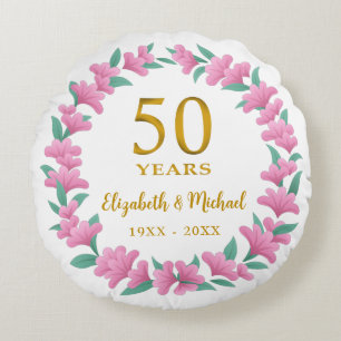 50. Hochzeitstag Golden Pink Blumenreath Rundes Kissen