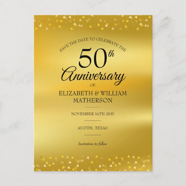 50. Hochzeitstag - Goldene Herzen Save the Date Ankündigungspostkarte (Vorderseite)