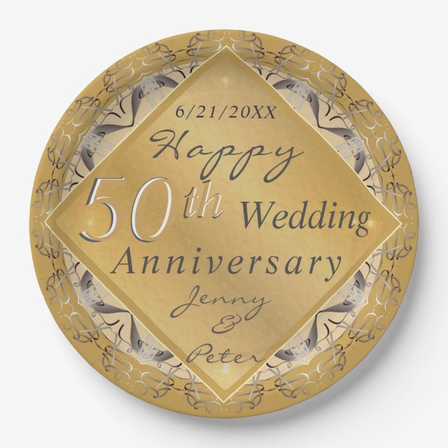 50. Hochzeitstag Goldene Ockerplatte Pappteller (Vorderseite)