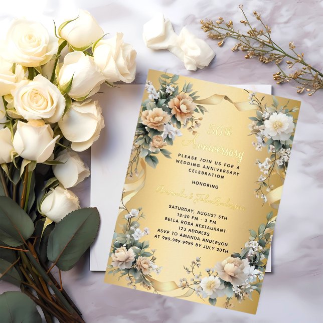 50. Hochzeitstag goldgelbe Florale Folieneinladung (Von Creator hochgeladen)