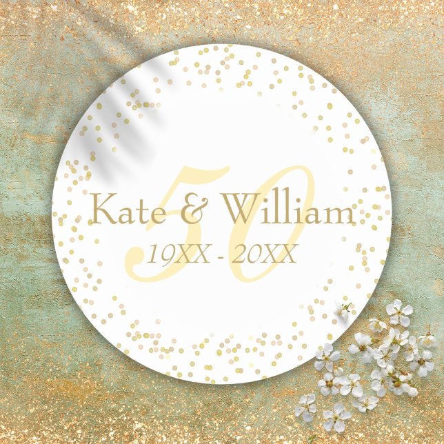 50. Hochzeitstag Goldstaub Confetti Runder Aufkleber (50th Wedding Anniversary Gold Dust Confetti Classic Round Sticker)