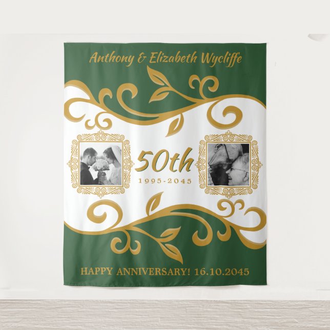 50. Hochzeitstag Ihre Fotos Grün Gold Wandteppich (Vorderseite)