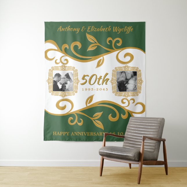 50. Hochzeitstag Ihre Fotos Grün Gold Wandteppich (Beispiel)