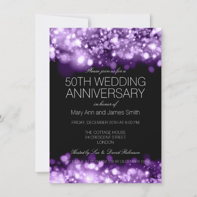 50. Hochzeitstag Lila funkelnde Lichter Einladung (Vorderseite)