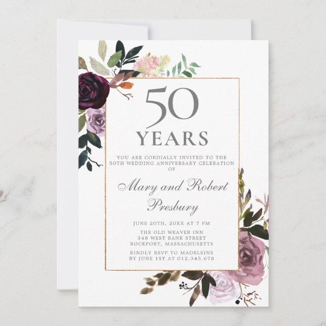 50. Hochzeitstag Lila Mauve Pink Floral Einladung (Vorderseite)