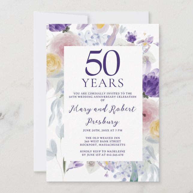 50. Hochzeitstag Lila Pink Floral Einladung (Vorderseite)