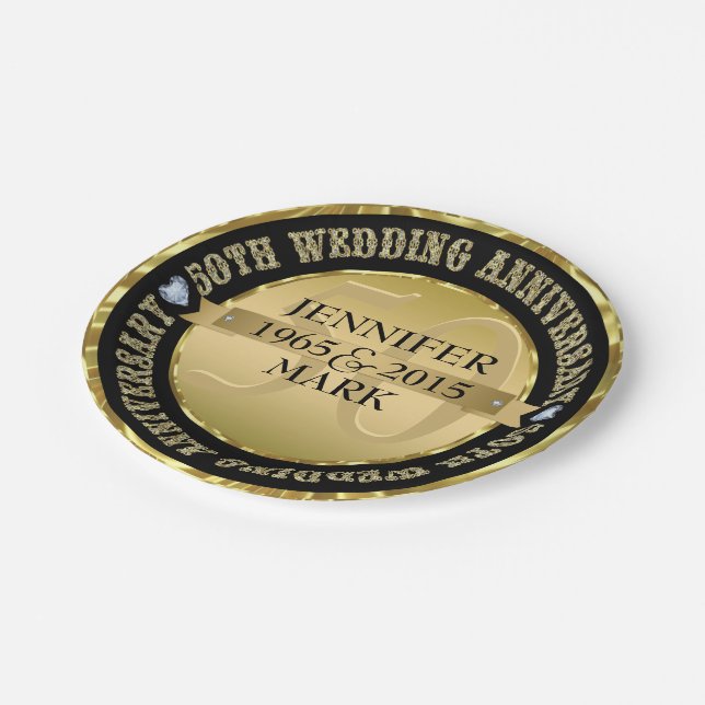50. Hochzeitstag Metallic Gold & Black 2 Pappteller (Schrägansicht)