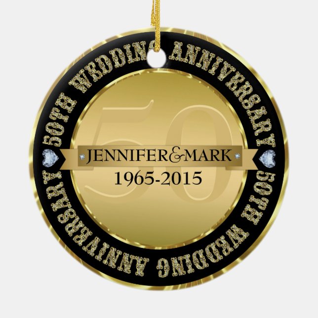 50. Hochzeitstag Metallic Gold & Black Keramikornament (Hinten)