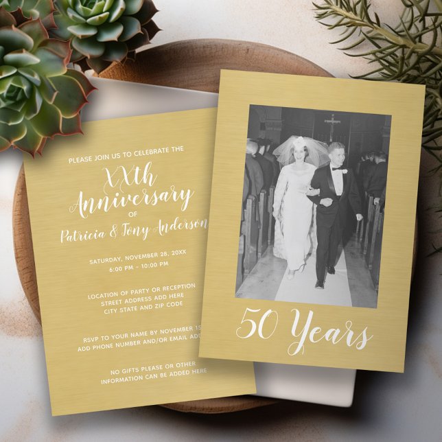 50. Hochzeitstag mit Foto - Goldene Brushed Einladung (Wedding Anniversary Invitation - Modern Design with Photo)
