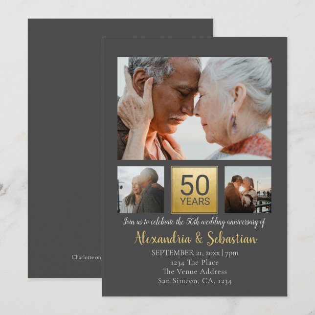 50. Hochzeitstag Personalisiert Grau Gold Einladung (Vorne/Hinten)