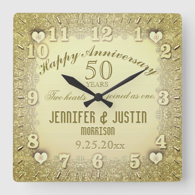 50. Hochzeitstag Quadratische Wanduhr (Vorderseite)