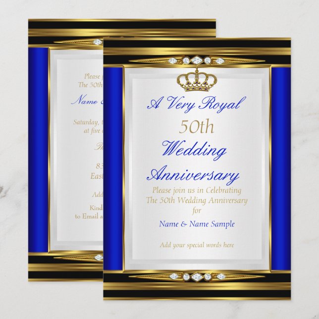 50. Hochzeitstag Royal Blue Gold Crown 2 Einladung (Vorne/Hinten)