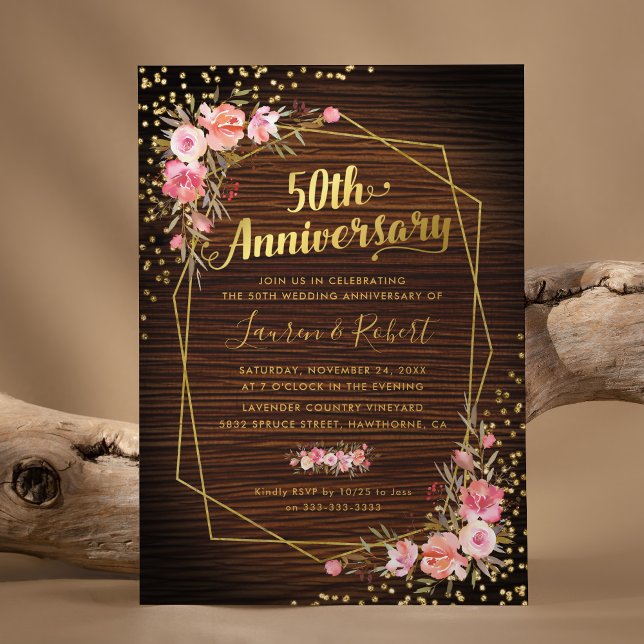 50. Hochzeitstag Rustikales Gold Pink Blütenblüte Einladung (Von Creator hochgeladen)