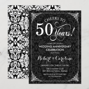 50. Hochzeitstag - Schwarz Weiß Damast Einladung