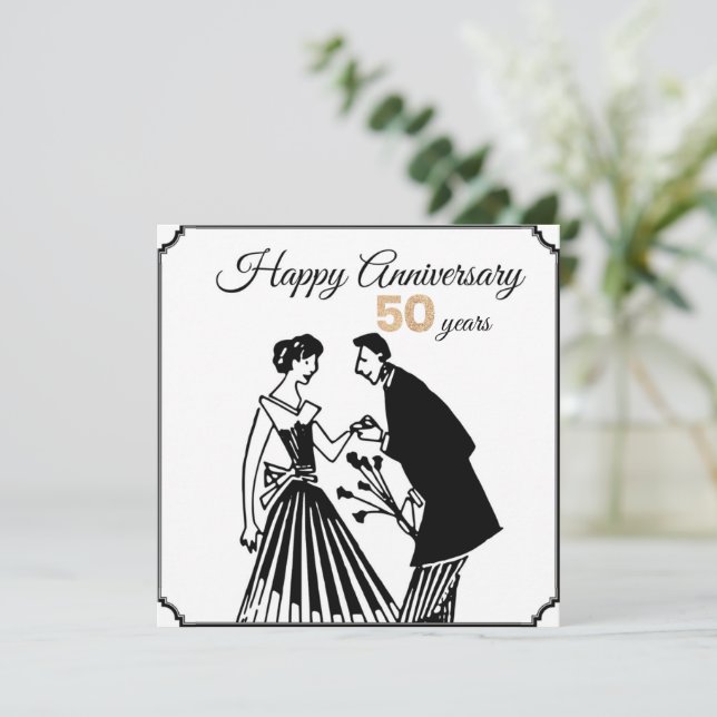 50. Hochzeitstag Schwarz-Weiß-Elegant Einladung (Stehend Vorderseite)
