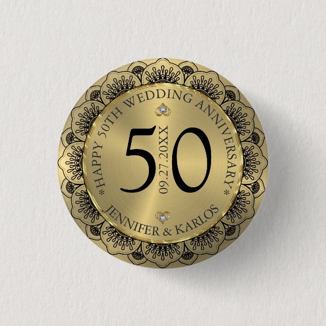 50. Hochzeitstag schwarze Spitze & Gold Button (Vorderseite)