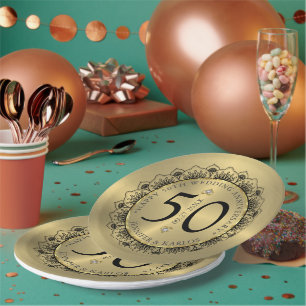 50. Hochzeitstag schwarze Spitze & Gold Pappteller