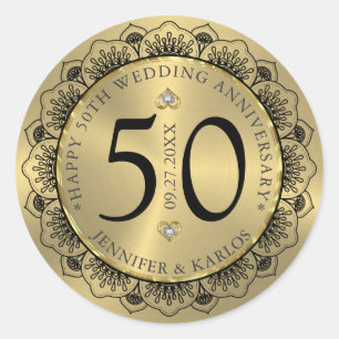 50. Hochzeitstag schwarze Spitze & Gold Runder Aufkleber