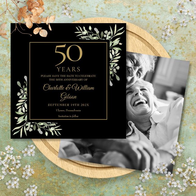 50. Hochzeitstag Schwarzes Gold Foto Save The Date (50th Wedding Anniversary Foliage Black Gold Photo Save The Date)