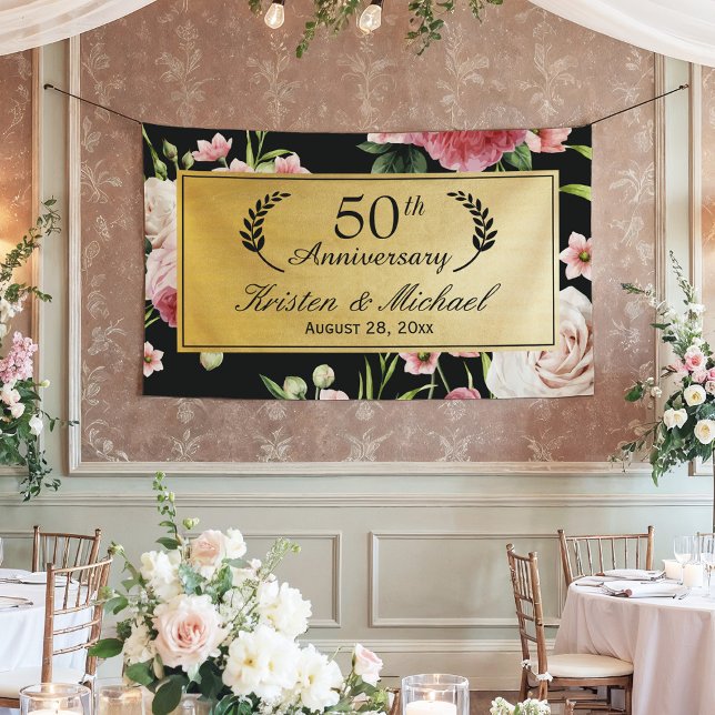 50. Hochzeitstag Schwarzes Gold Vintage Blüte Banner (Von Creator hochgeladen)