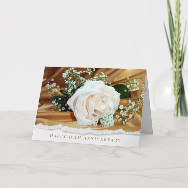 50. Hochzeitstag Weißrose auf Gold Karte (Vorderseite)