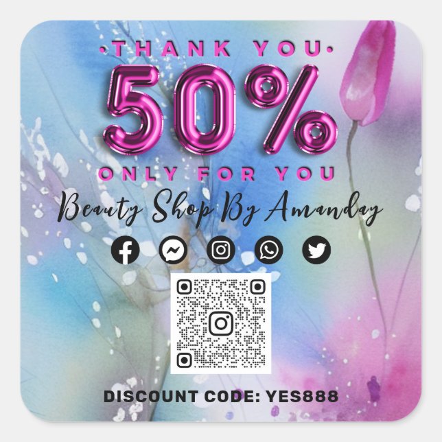 50%IGE QR CODE Logo Pink Tulp Quadratischer Aufkleber (Vorderseite)