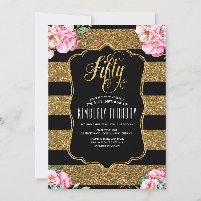 50 Invitations de fête d'anniversaire - Floral Gol (Devant)