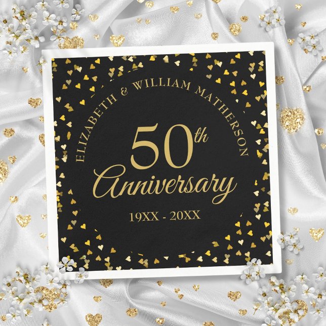 50 Jahre Black Gold Liebe Hört Confetti Serviette (50th Anniversary Black Gold Love Hearts Confetti Napkins)