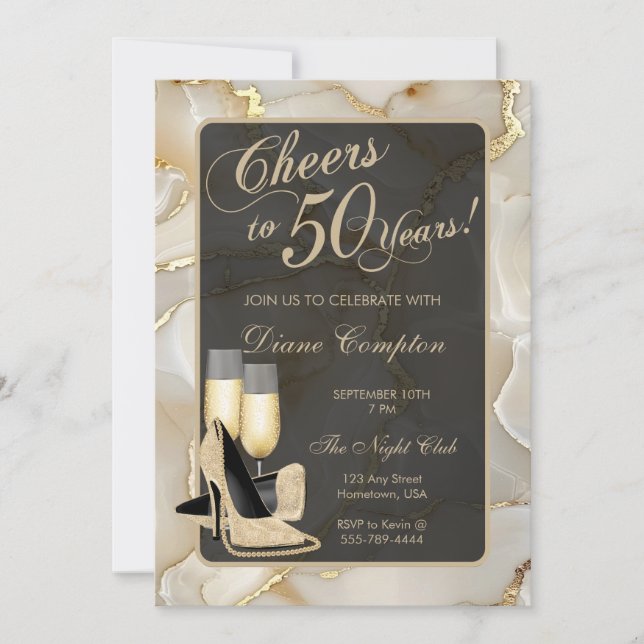 50 Jahre Champagner und Black Birthday Einladung (Vorderseite)