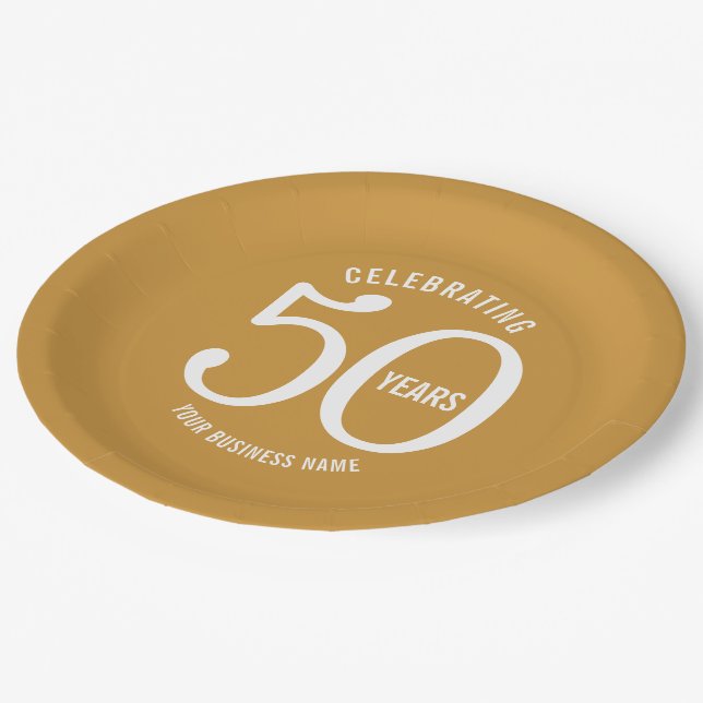 50 Jahre Firmenjubiläum Party goldfarben Pappteller (Schrägansicht)
