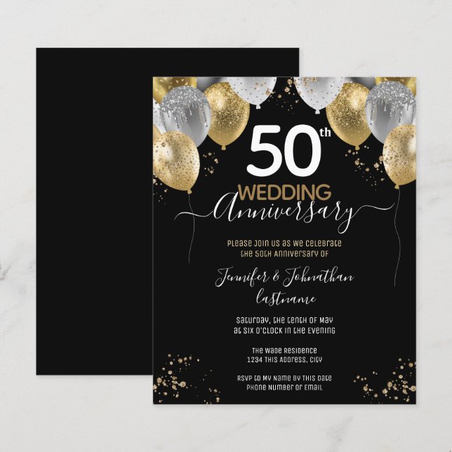 50 Jahre Gold Balloons Budget Einladungen (Vorne/Hinten)