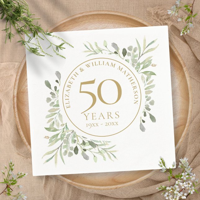 50 Jahre Gold Greenery Blätter Aquarell Serviette (50th Anniversary Gold Greenery Leaves Watercolor Napkins)