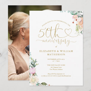 50 Jahre Gold Heart Floral Foto Einladung