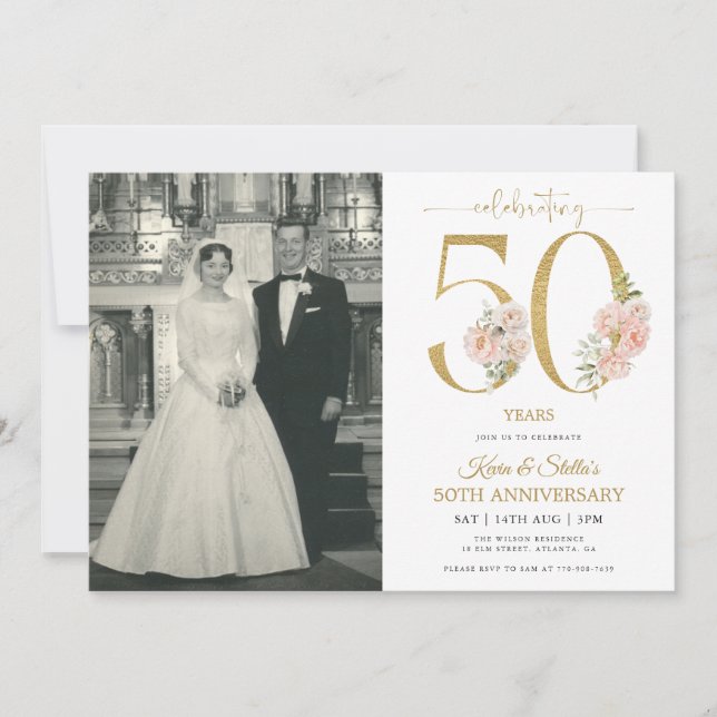 50 Jahre Gold und Rosa Blüten Einladung (Vorderseite)