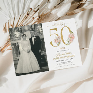 50 Jahre Gold und Rosa Blüten Einladung