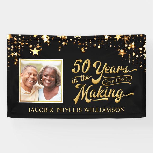 50 JAHRE Goldene Jubiläum Foto Black Gold Stars Banner (Horizontal)