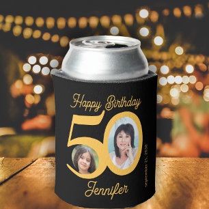 50 Jahre Happy Birthday Gold schwarz 2 Fotos Name Dosenkühler