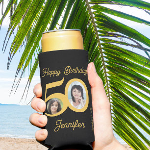50 Jahre Happy Birthday Gold schwarz 2 Fotos Name Selters Dosenkühler