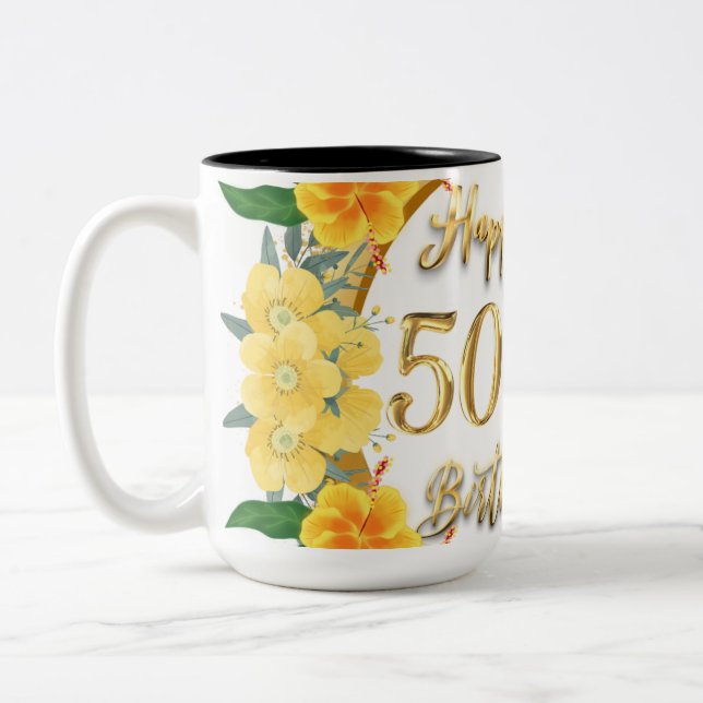 50 Jahre: Kundenspezifisches Foto Happy Birthday P Zweifarbige Tasse (Links)