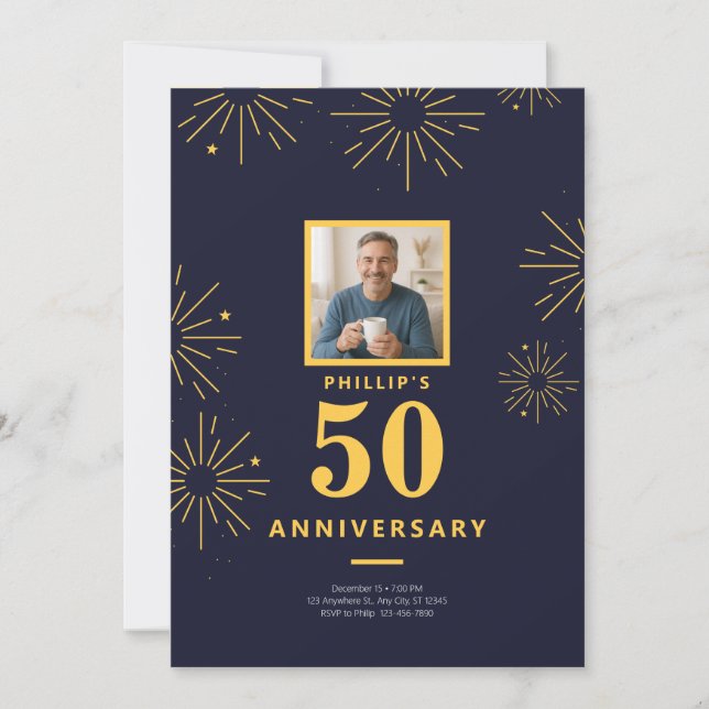 50 Jahre Party Navy Blue Gold Fireworks Einladung (Vorderseite)