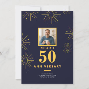 50 Jahre Party Navy Blue Gold Fireworks Einladung