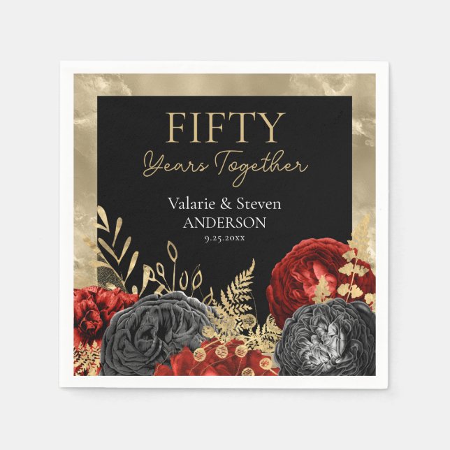 50 Jahre Red Black Gold Floral Serviette (Vorderseite)