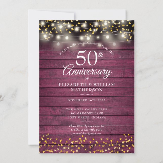 50 Jahre Red Rustic Wood Gold Hearts Einladung (Vorderseite)